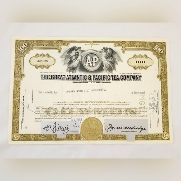 VINTAGE Atlantic & Pacific Tea Company Stock Certificate - Picture 1 of 2